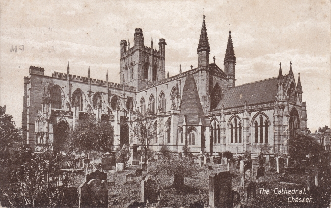 An early 20th century postcard of Chester Cathedral showing the gravestones which have now been removed.