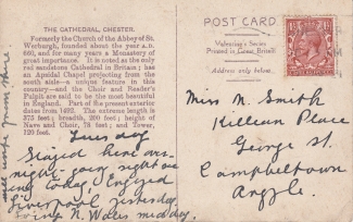 Postcard sent from Chester to Campbeltown, Argyle arounnd 1912.
