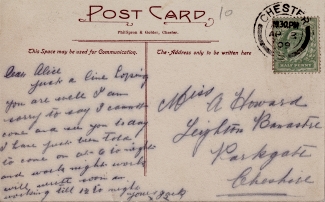 A postcard mailed in 1909 to a Miss Alice Howarth of Parkgate, Cheshire.