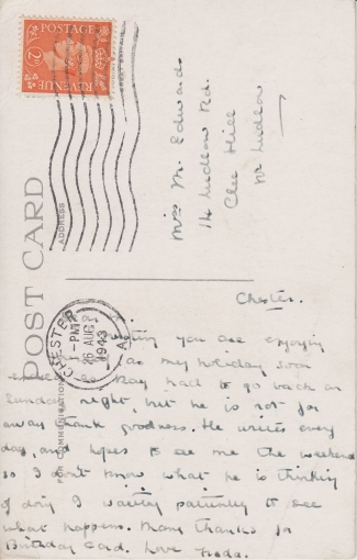 A postcard showing the personal message sent to the addresee in Ludlow during 1943.