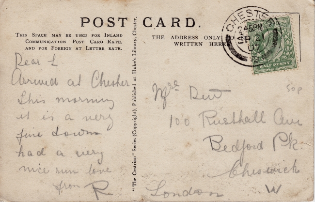 Addresee and message of the card which was posted in Chester in 1907.
